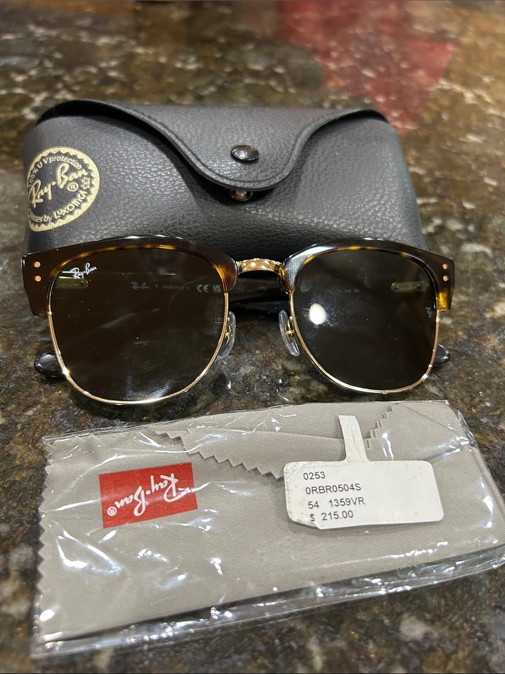 Ray-Ban Tortoise and Gold Clubmaster Sunglasses with Dark Lenses